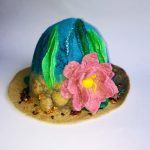 Fairy tale sea sauna hat with felted decorations and amber pieces
