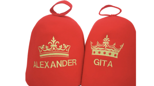 Two sauna hats with embroidered crowns and names